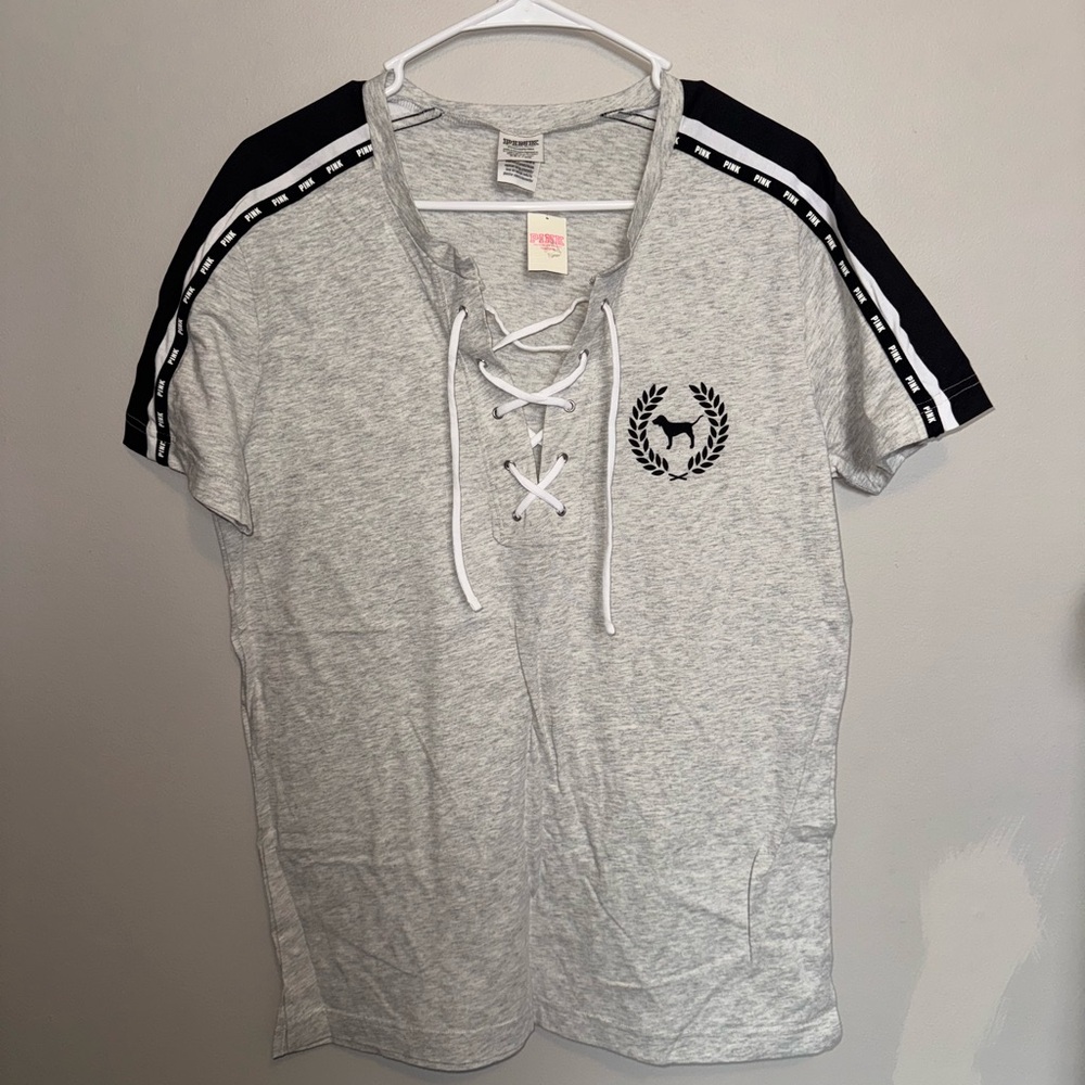 Pink VS Gray Lace-Up T-Shirt with Black Accents